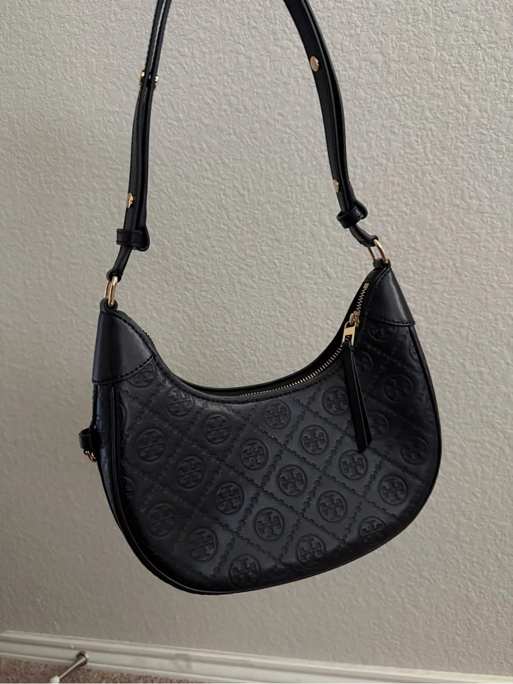 Tory Burch Black Embossed Crescent Shoulder Bag with Gold Hardware